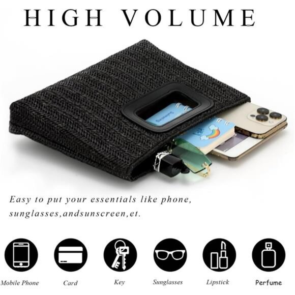 Straw Clutch Top Handbags Raffia Bag Black - Picture 3 of 6